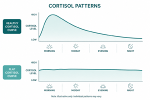 Cortisol curve diagram showing healthy vs flat pattern linked to weight gain after menopause