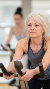Woman over 50 doing cardio at the gym, the workout that started the conversation about creatine for women over 50